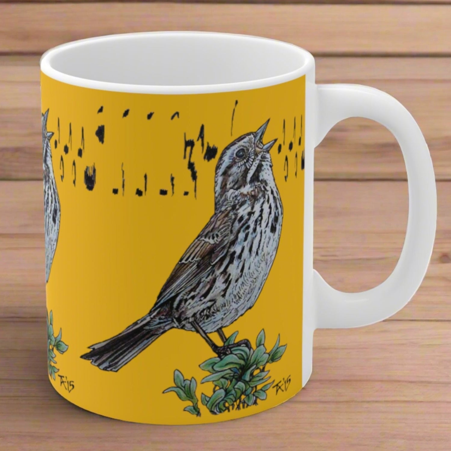 Mug with image of Song Sparrow Singing on Yellow Background